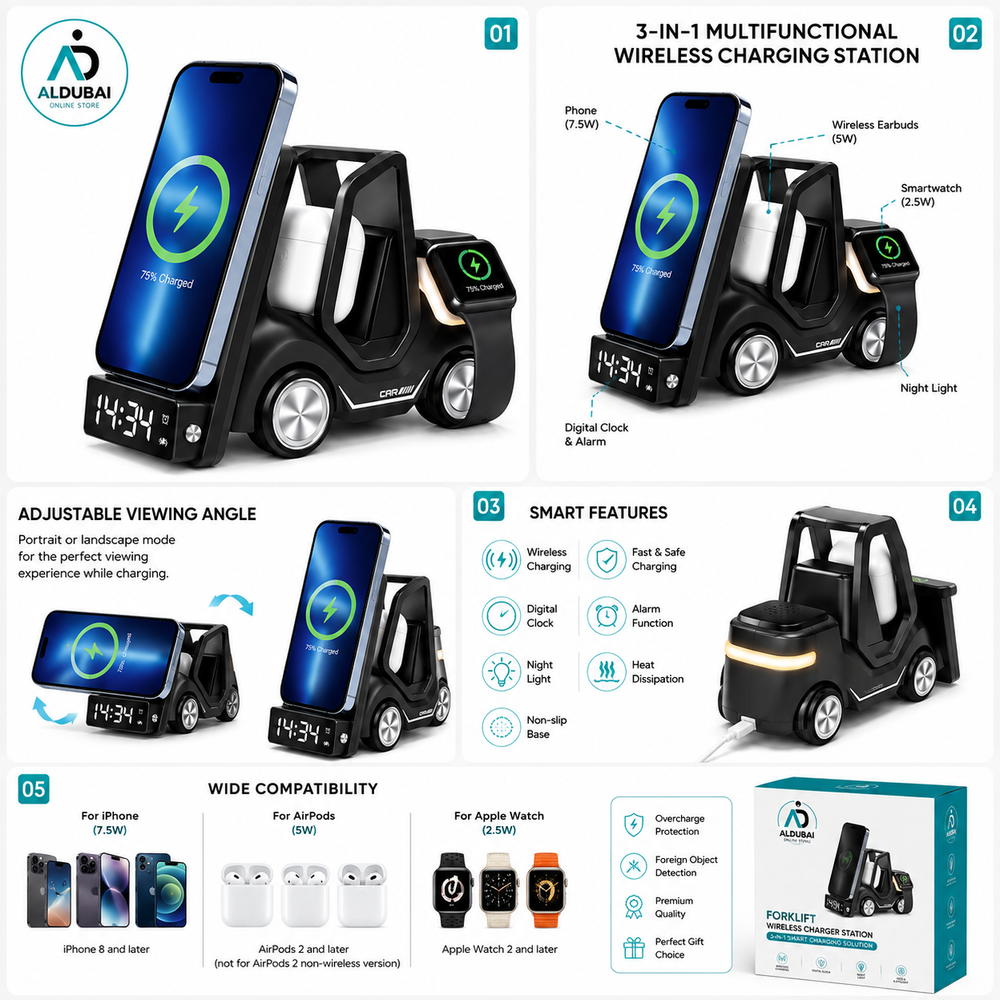 Adjustable wireless phone charging stand with portrait and landscape viewing