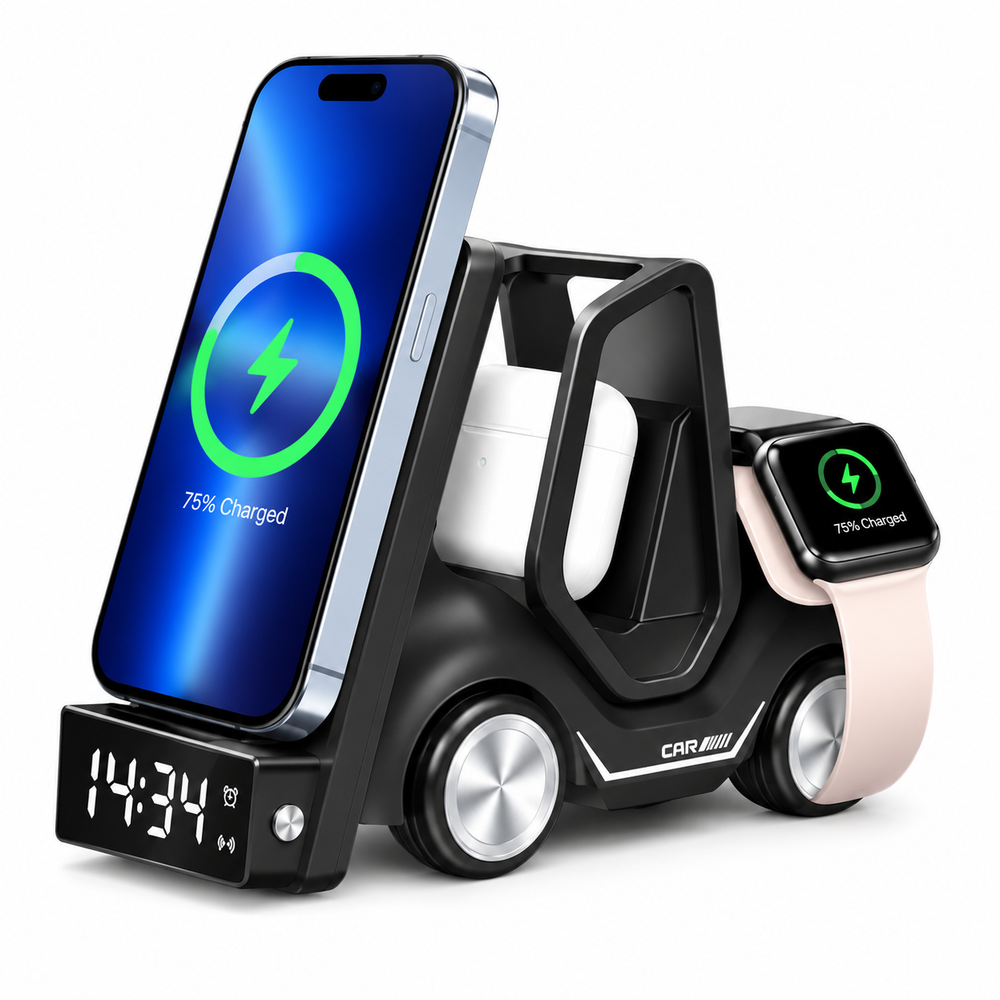 3-in-1 forklift wireless charging station with phone, earbuds and smartwatch charging