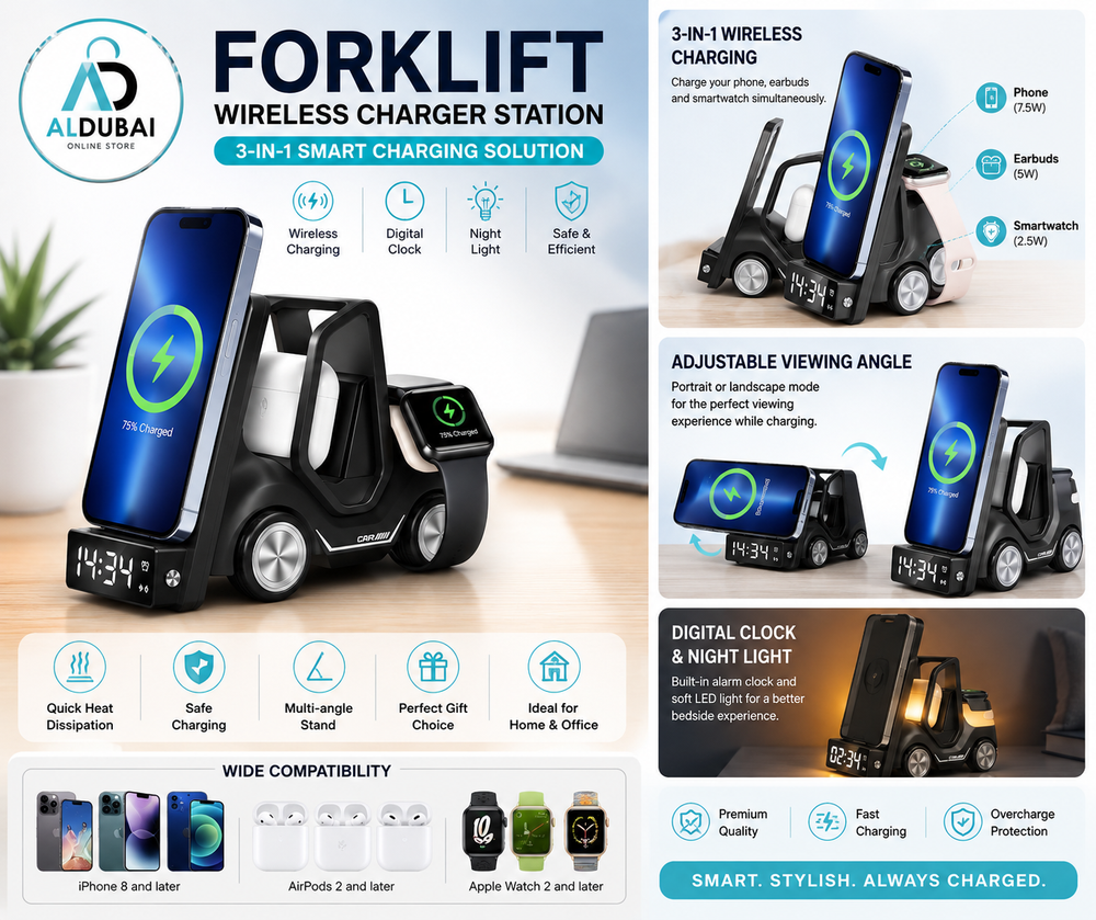 Forklift wireless charging station with phone stand, digital alarm clock and night light