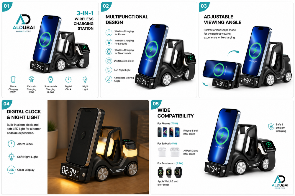 Qi wireless charging station compatible with smartphones, AirPods and smartwatches