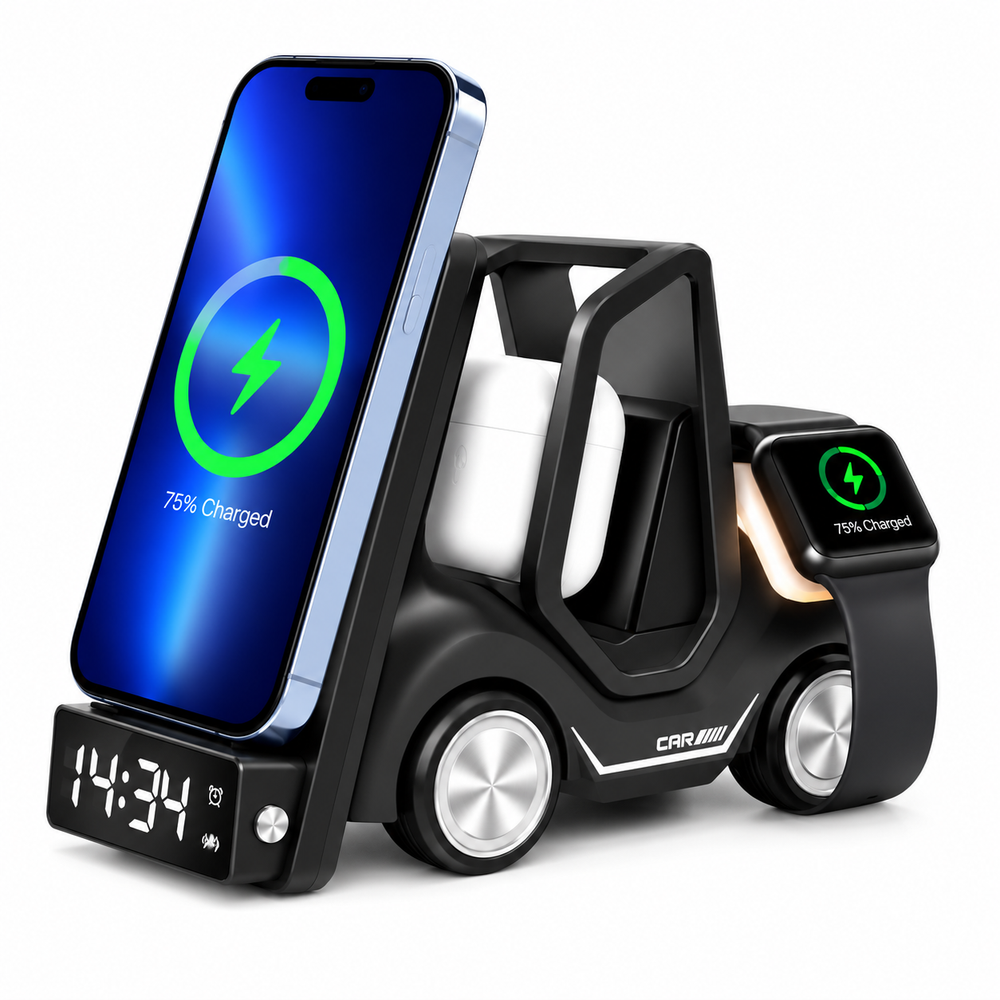 Wireless charging station for phone, AirPods and smartwatch with digital clock